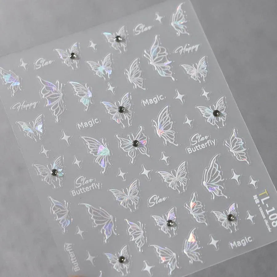 White Nail Art Stickers Shiny Butterfly With Beads Adhesive Sticker Decals TL108