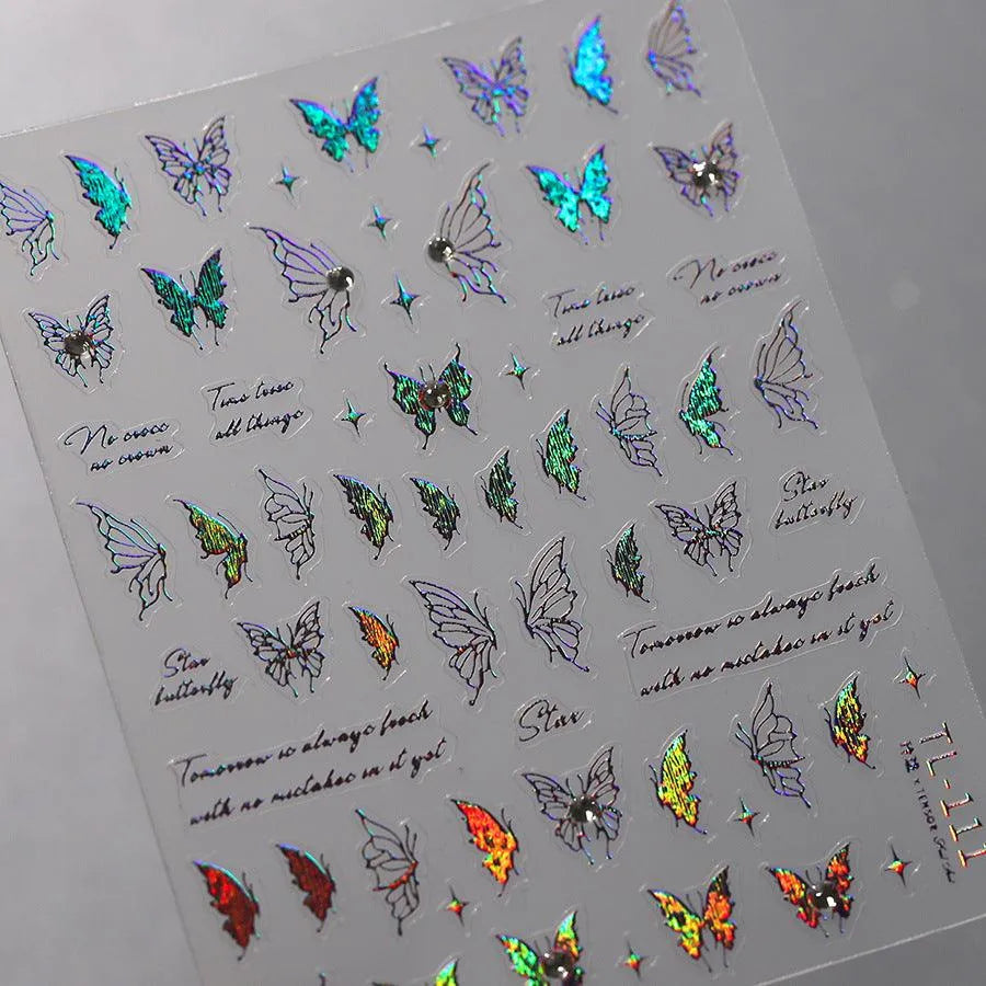 Laser Butterfly Nail Art Stickers Adhesive Slider Metal Colors Butterfly Sticker Decals TL111