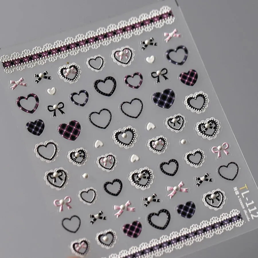 Lace Check Pattern Nail Art Stickers Adhesive Slider Love Heart Sticker Decals For Valentine's Day TL112