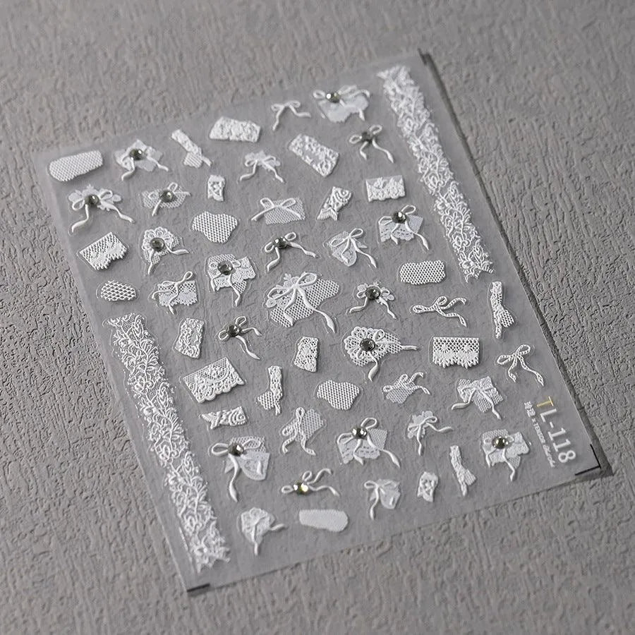 White Lace Bow Nail Art Stickers 3D Adhesive Bow Knot Mesh Sticker Decals TL118