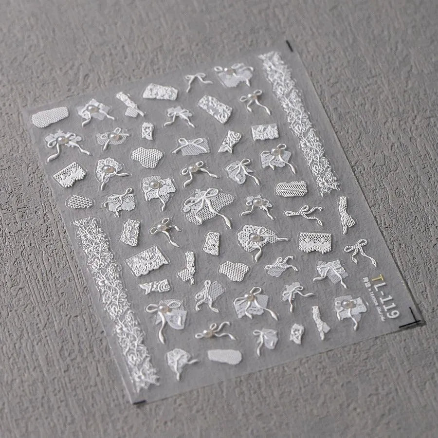 White Lace Bow Nail Art Stickers 3D Adhesive Bow Knot Mesh Sticker Decals TL119