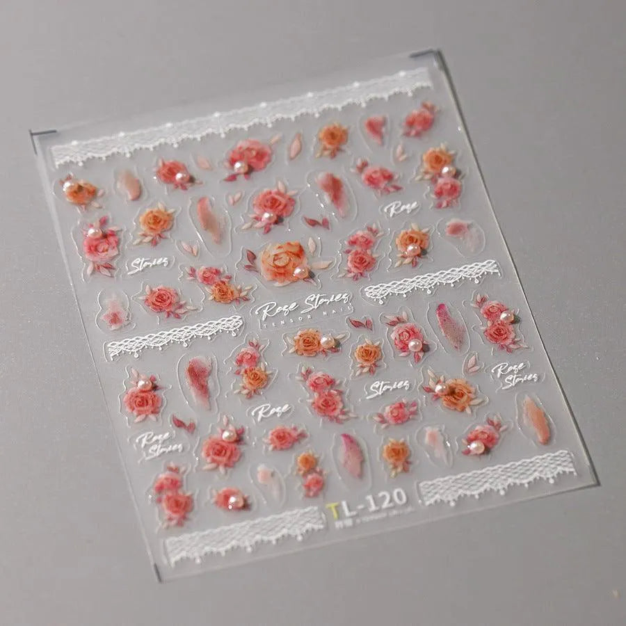 Flower Nail Art Stickers Adhesive Rose with Beads Sticker Decals TL120