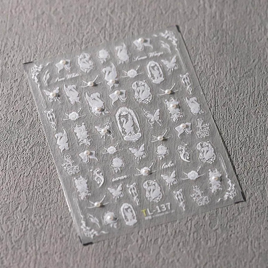 White Butterfly Nail Art Stickers With Pearls Swan Adhesive Sticker Decals TL137