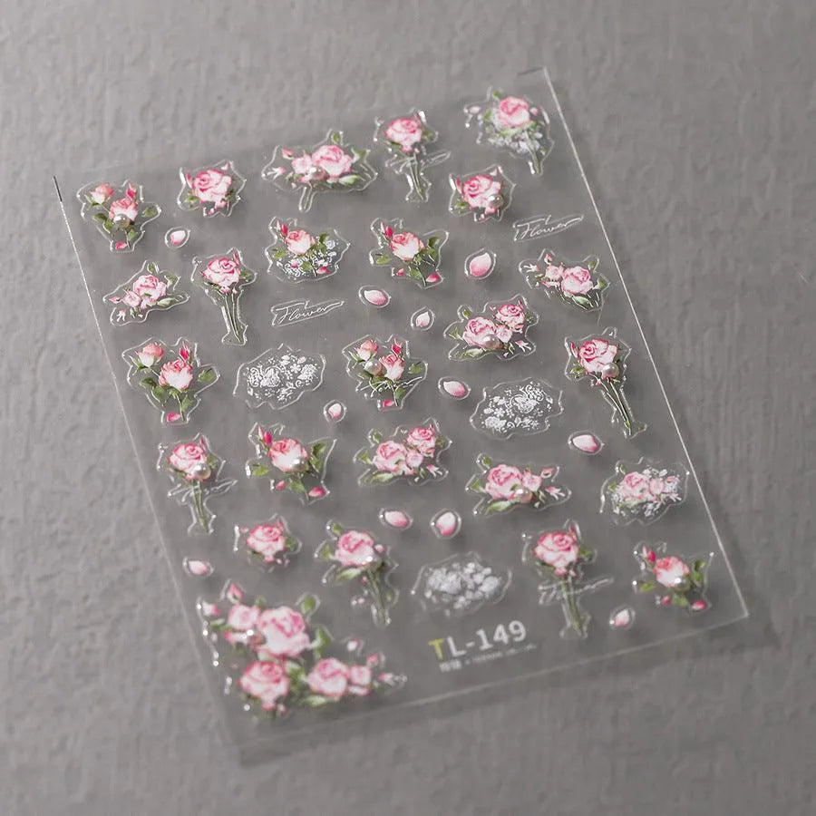 Spring Blossoming Flowers Nail Art Stickers Floral Adhesive Embossed Sticker Decals TL149