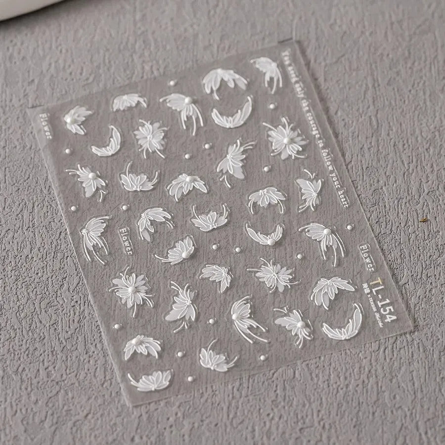 White Lily Nail Art Stickers Adhesive Embossed Lily Flower with Beads Sticker Decals TL154