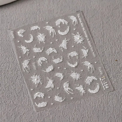 White Lily Nail Art Stickers Adhesive Embossed Lily Flower with Beads Sticker Decals TL154