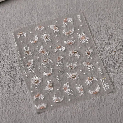 White Lily Nail Art Stickers Adhesive Embossed Lily Flower with Beads Sticker Decals TL155