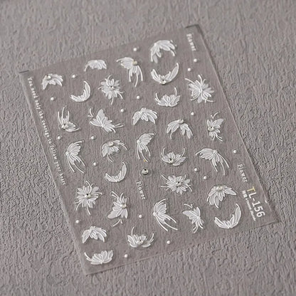 White Lily Nail Art Stickers Adhesive Embossed Lily Flower with Beads Sticker Decals TL156