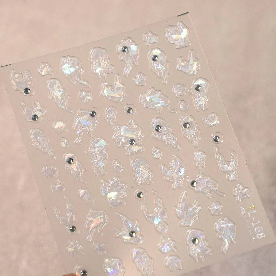 Aurora Light Jellyfish Nail Art Stickers Embossed Jelly Mermaids Adhesive Sticker Decals TL168