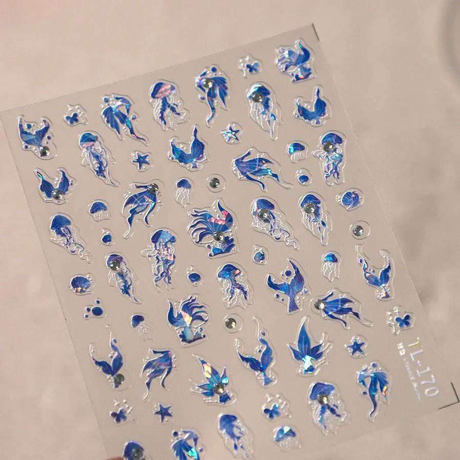 Aurora Light Jellyfish Nail Art Stickers Embossed Jelly Mermaids Adhesive Sticker Decals TL170