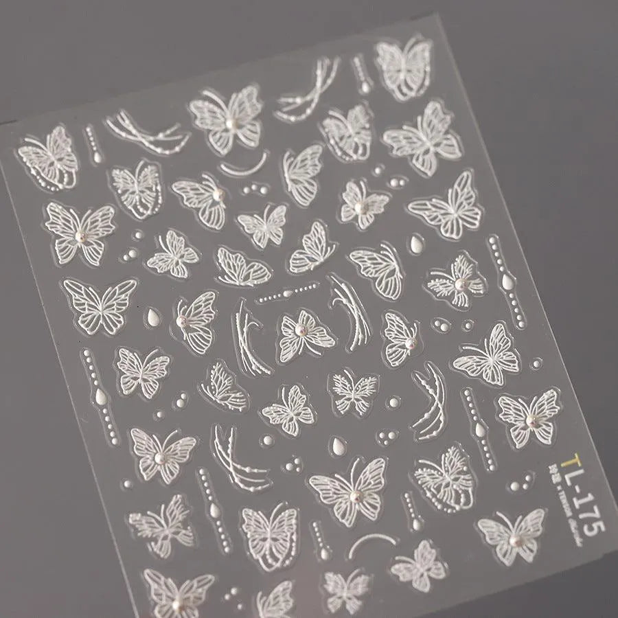 White Lace Nail Art Stickers Embossed Butterfly Nail Sticker Decals TL175