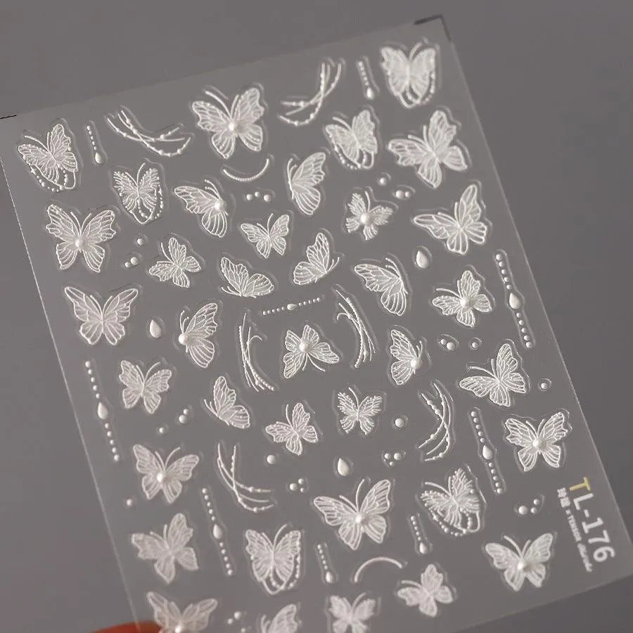White Lace Nail Art Stickers Embossed Butterfly Nail Sticker Decals TL176