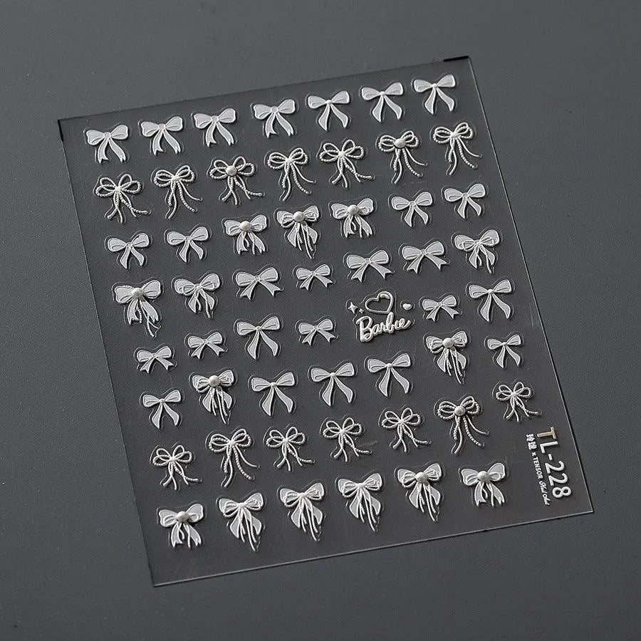 White Bow Nail Art Stickers Bows With Pearl Adhesive Embossed Sticker Decals TL228