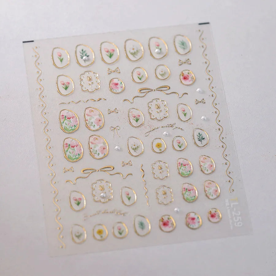 Elegant Gold Floral Nail Stickers with Pearls TL259