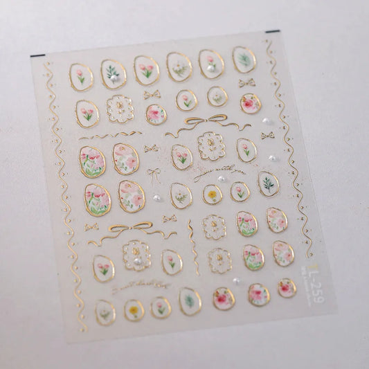 Elegant Gold Floral Nail Stickers with Pearls TL259