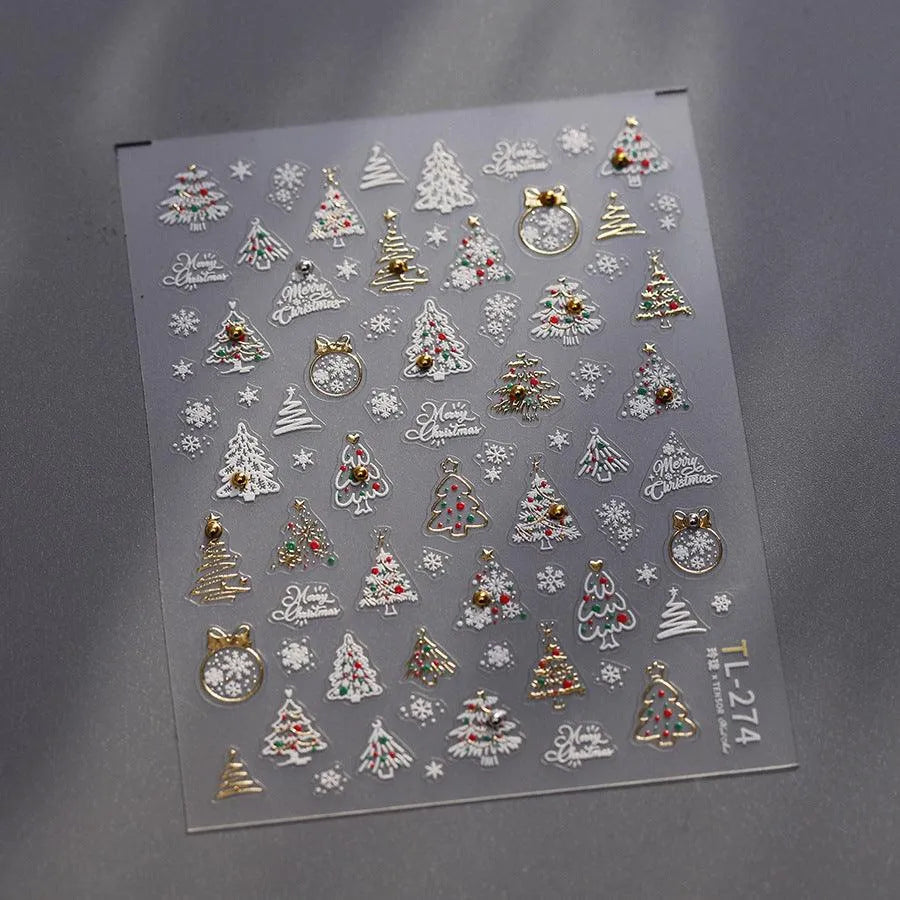 Christmas Tree Nail Art Stickers Adhesive Embossed Golden Snow Ball Sticker Decals TL274