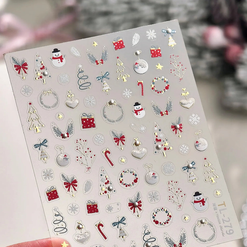 5D Gold Christmas Tree Nail Stickers - Xmas Ball Candy Canes Snowman Decals TL279