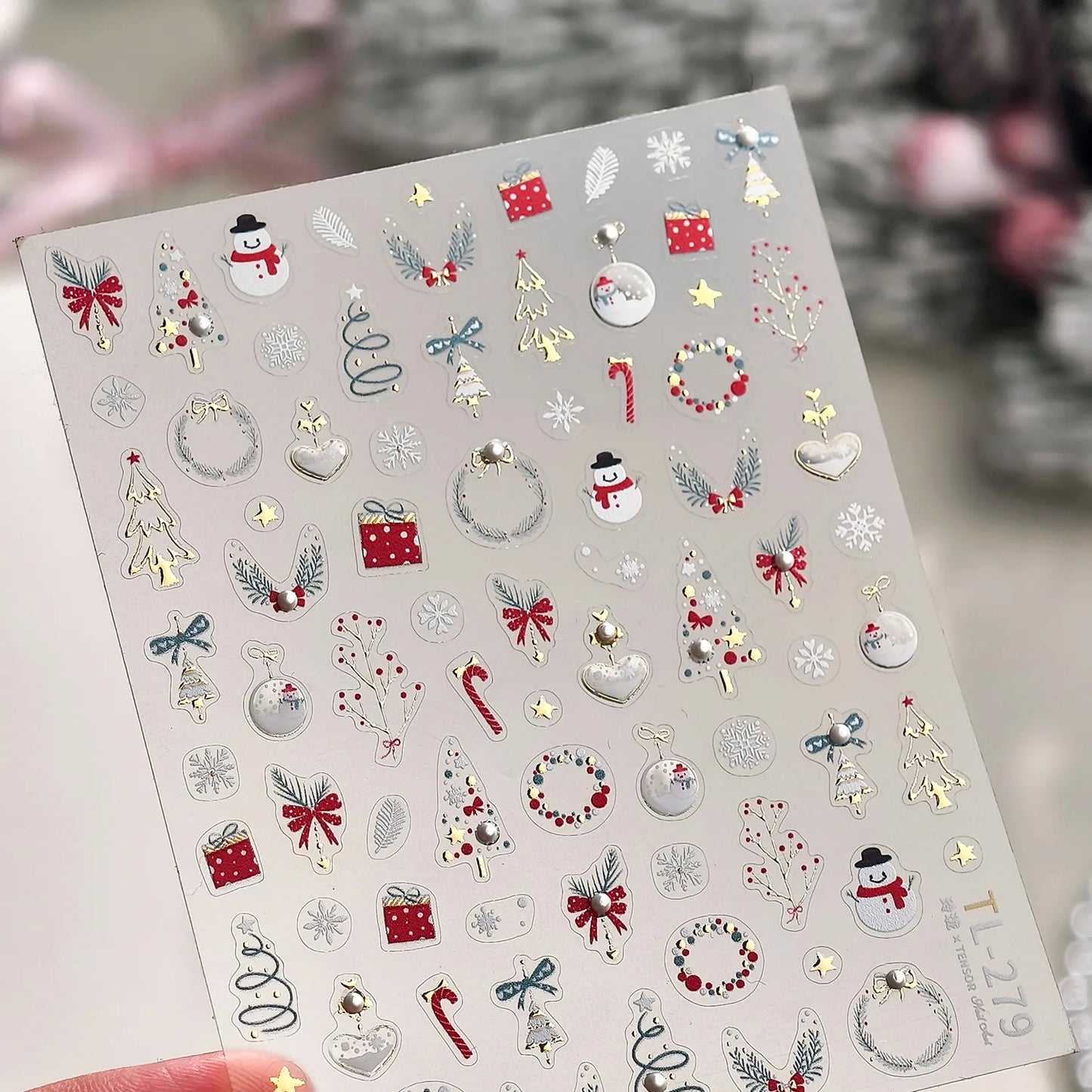 5D Gold Christmas Tree Nail Stickers - Xmas Ball Candy Canes Snowman Decals TL279
