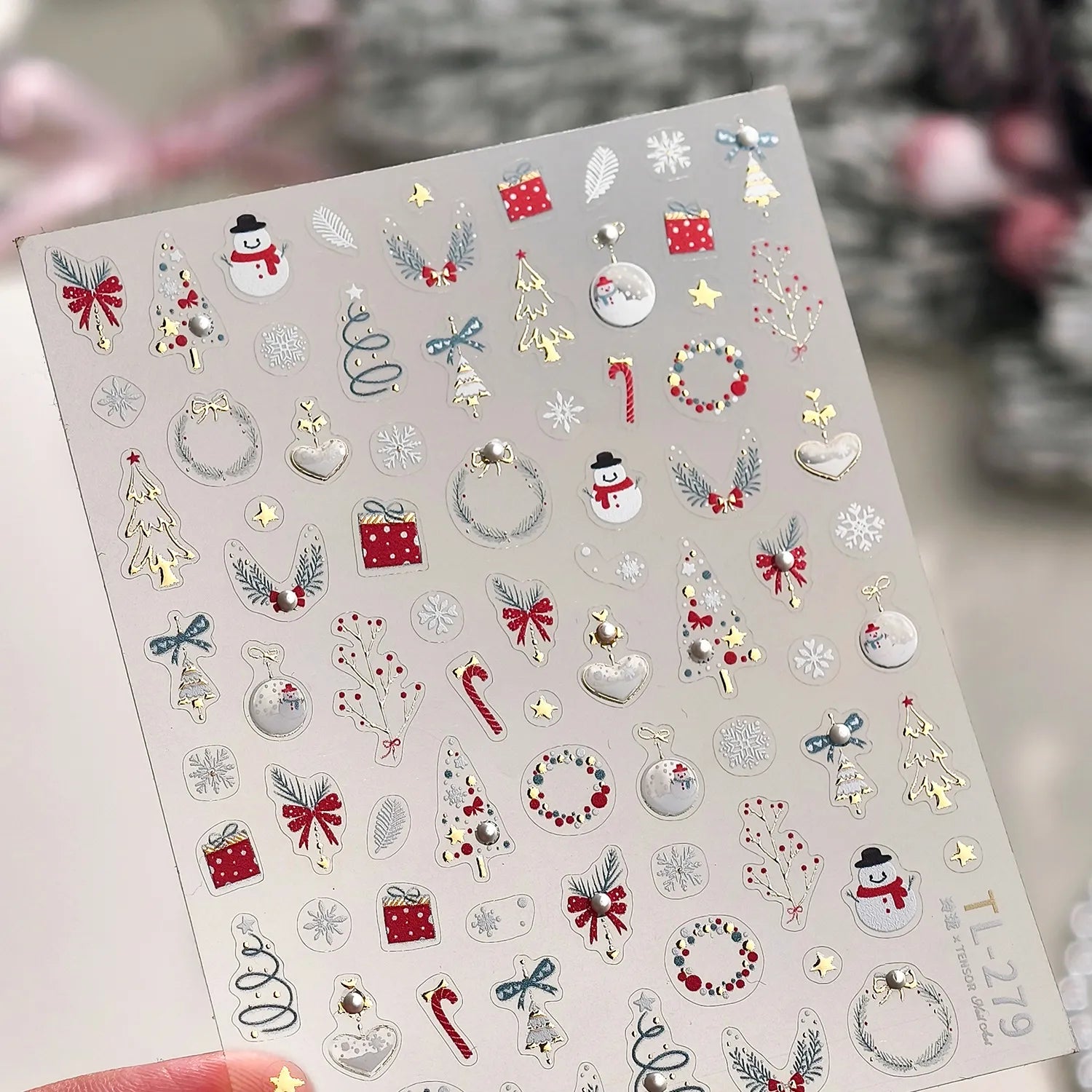 5D Gold Christmas Tree Nail Stickers - Xmas Ball Candy Canes Snowman Decals TL279