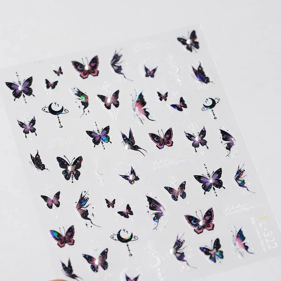 Laser Butterfly with Pearl Nail Art Stickers Adhesive Embossed Sticker Decals TL322