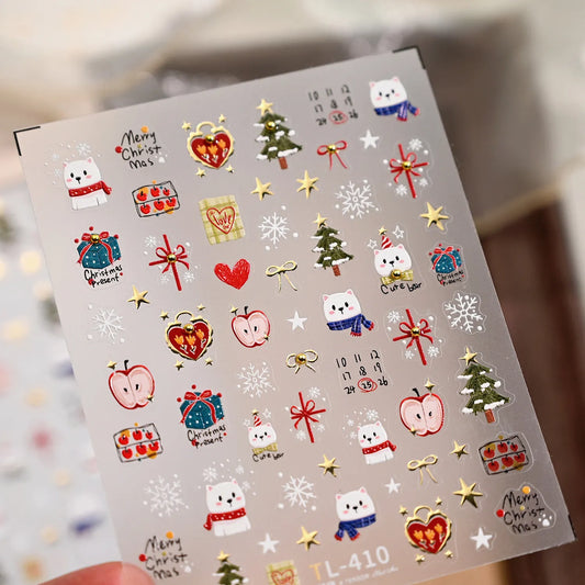 Cute Christmas Present Nail Stickers | Bear Snowflake Holiday Nail Decals TL410