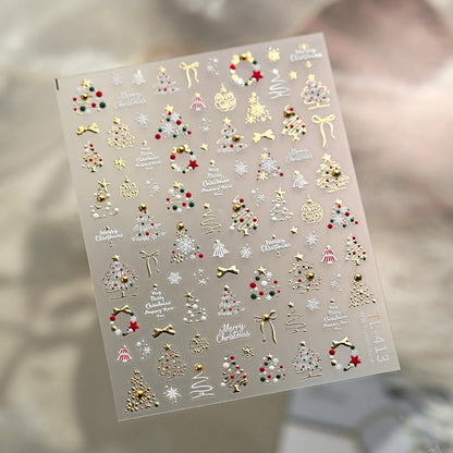 5D Gold Christmas Tree Nail Stickers - Xmas Ball Candy Canes Snowman Decals TL413