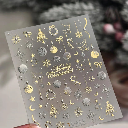 Gold Silver Christmas Nail Art Stickers - Xmas Ball Tree Snowman Festive Decals
