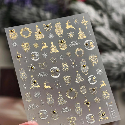 Gold Silver Christmas Nail Art Stickers - Xmas Ball Tree Snowman Festive Decals