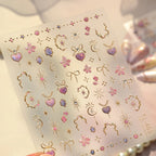 3D Celestial Star & Heart Nail Stickers | Gold Silver Gemstone Decals