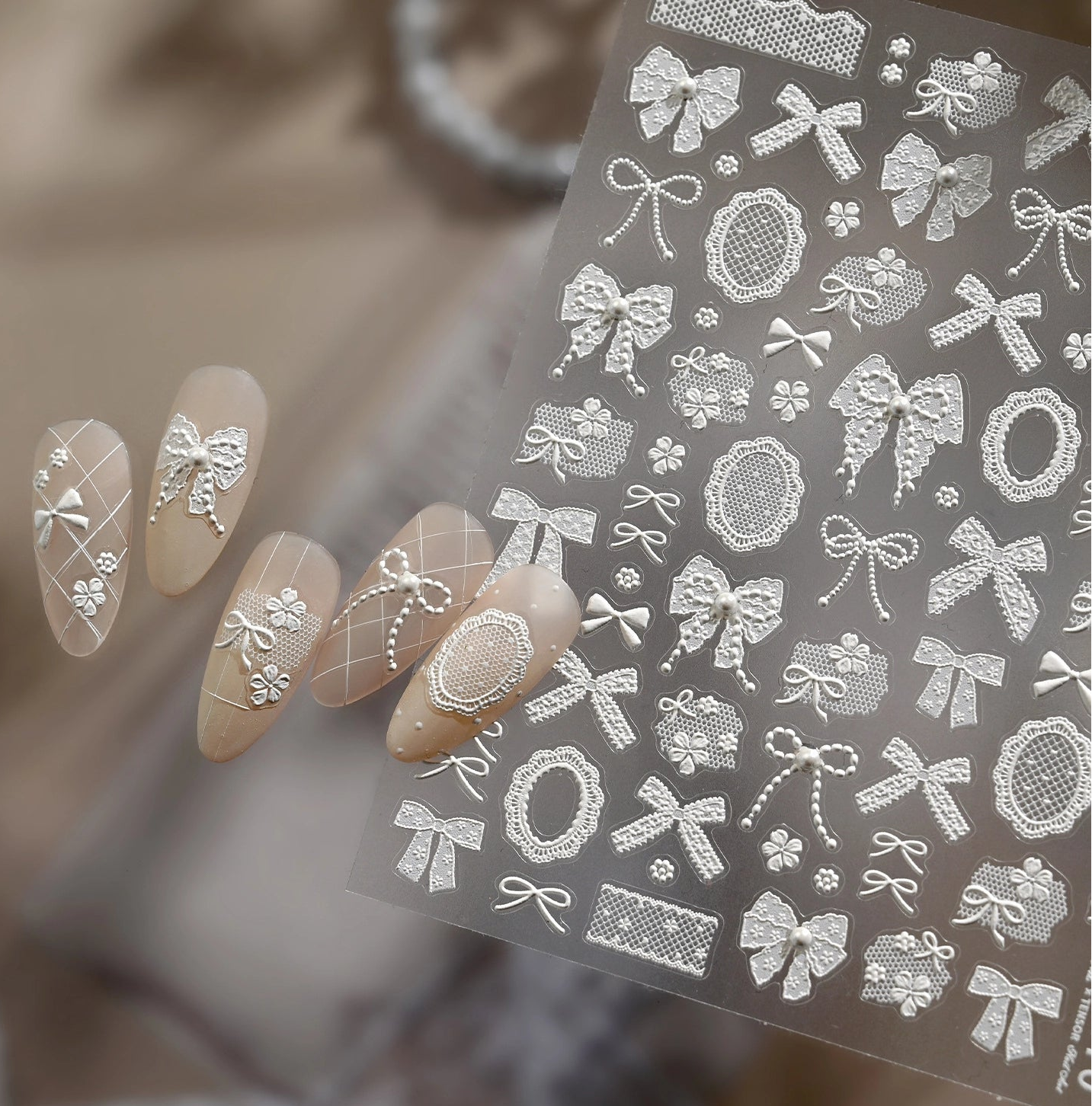 3D White Lace Bow & Pearl Nail Stickers 916