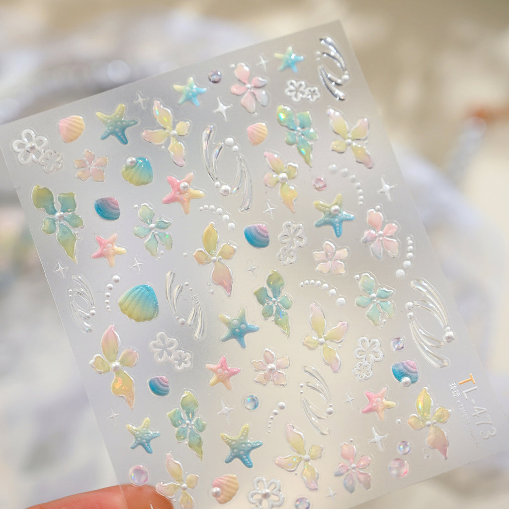 3D Mermaidcore Starfish & Shell Nail Stickers - Pastel Ocean Decals