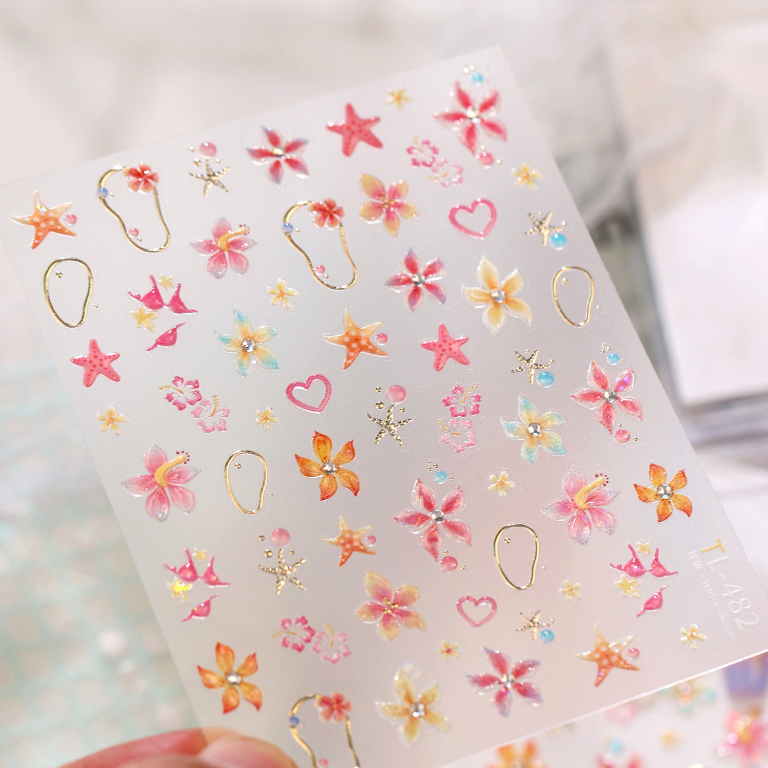 Tropical Hibiscus & Starfish Nail Stickers - 5D Summer Floral Decals