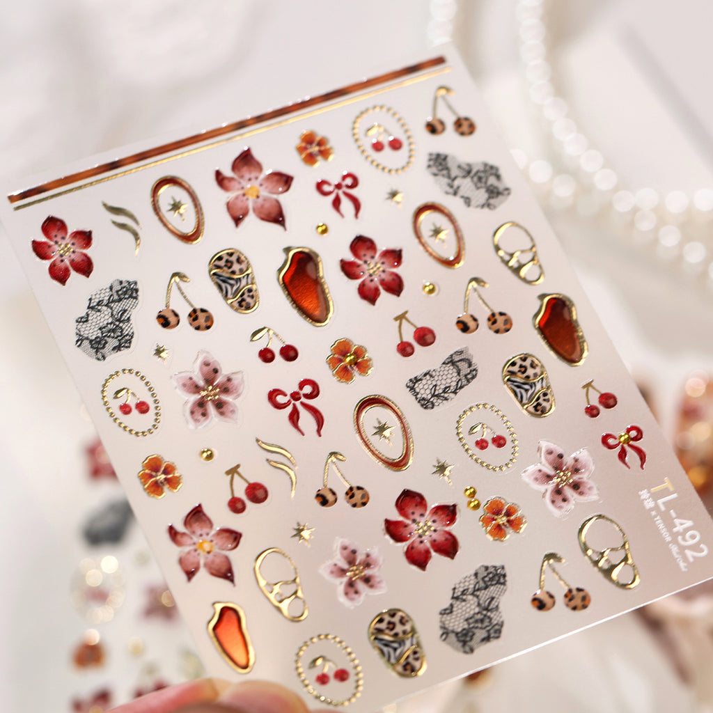 5D Vintage Floral Lace & Cherry Nail Stickers 492