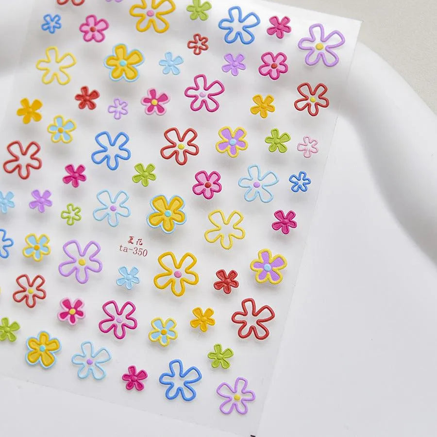 Doodle Floral Outline Nail Art Stickers Adhesive Embossed Matte Line Flower Sticker Decals TOA350 embossed