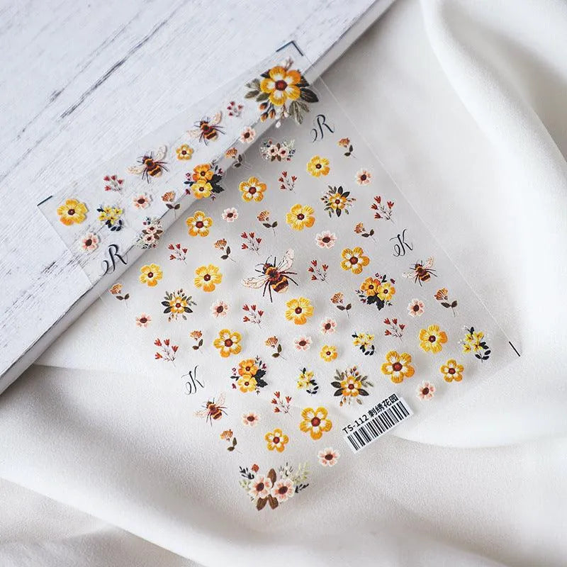 5D Embroidered Bee & Flower Nail Stickers Cute Cottagecore Summer Nail Art Decals TS112