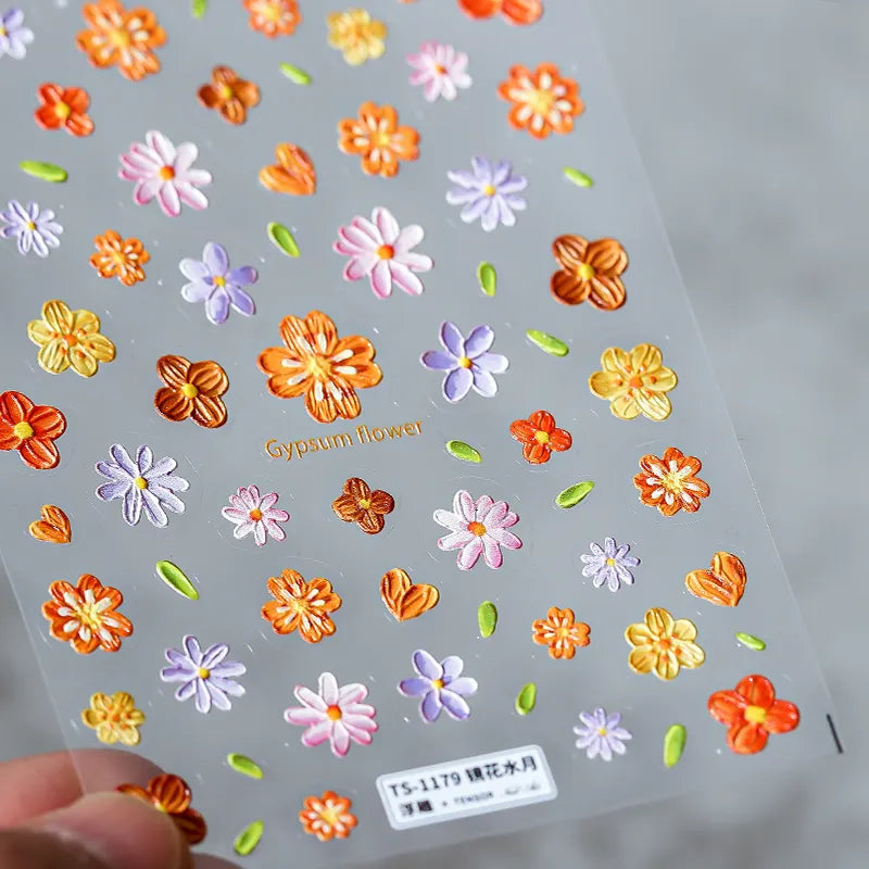 Spring Floral Nail Art Stickers Colorful Flower Leaf Adhesive Embossed Sticker Decals TS1179 embossed