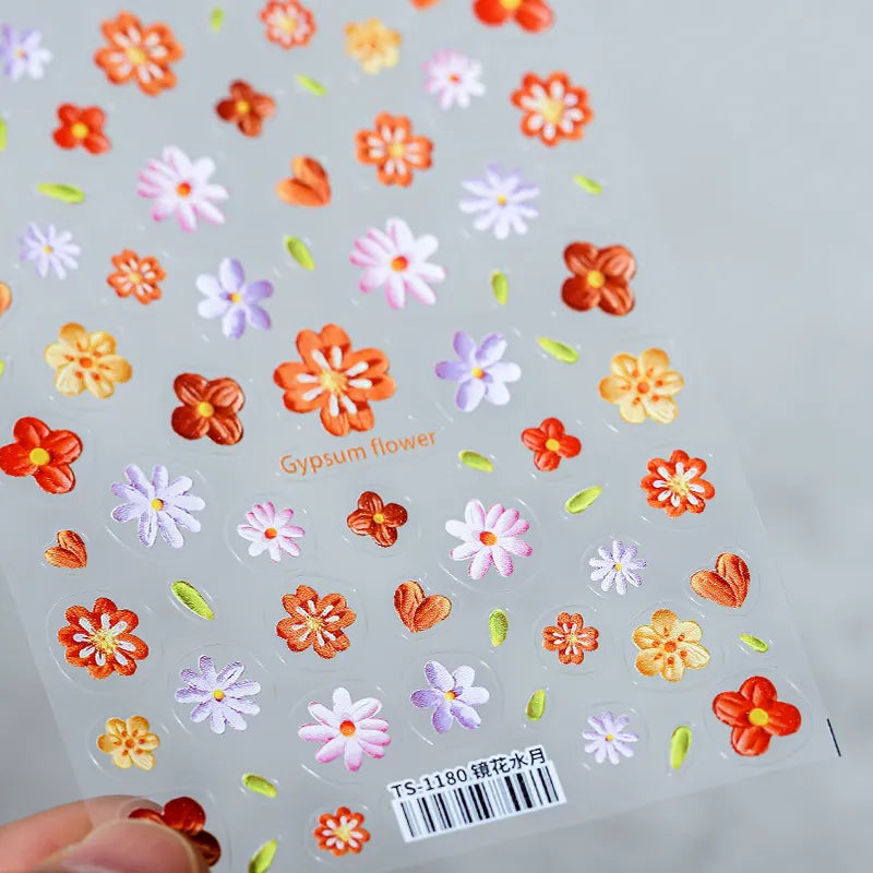 Spring Floral Nail Art Stickers Colorful Flower Leaf Adhesive Embossed Sticker Decals TS1180