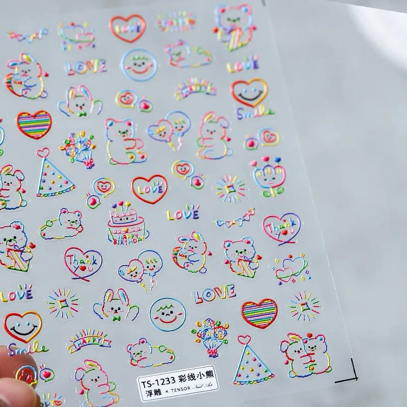 Colorful Graffiti Cartoon Nail Art Stickers Bear Rainbow Adhesive Sticker Decals TS1233 embossed