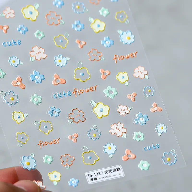 5D Cute Flower Nail Art Stickers Colorful Floral Adhesive Sticker Decals TS1252