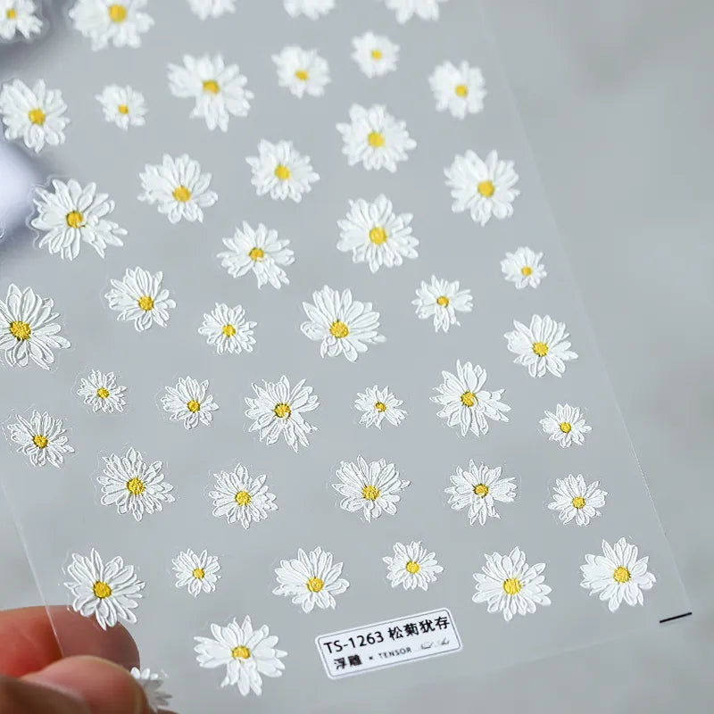 Daisy Flower Nail Art Stickers Adhesive Embossed Floral Sticker Decals TS1263 embossed