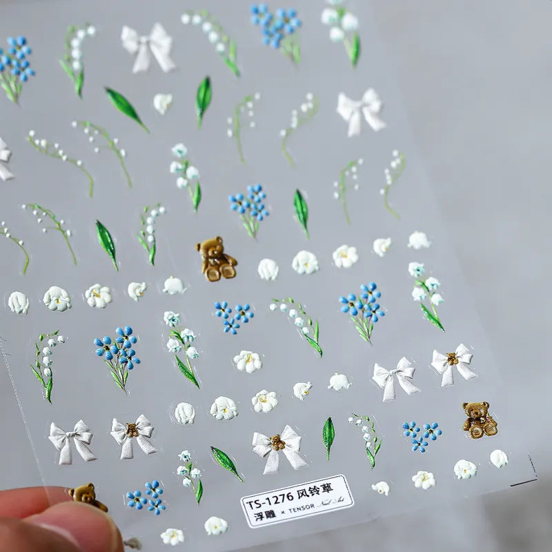 Blue Flowers Nail Art Stickers 3D Adhesive Canterbury Bell Flower Sticker Decals TS1276 embossed