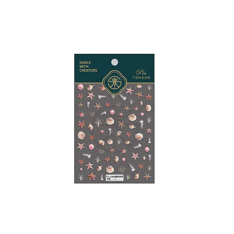 5D Embossed Ocean Nail Stickers Seashell, Starfish & Seahorse Summer Nail Art Decals TS1289