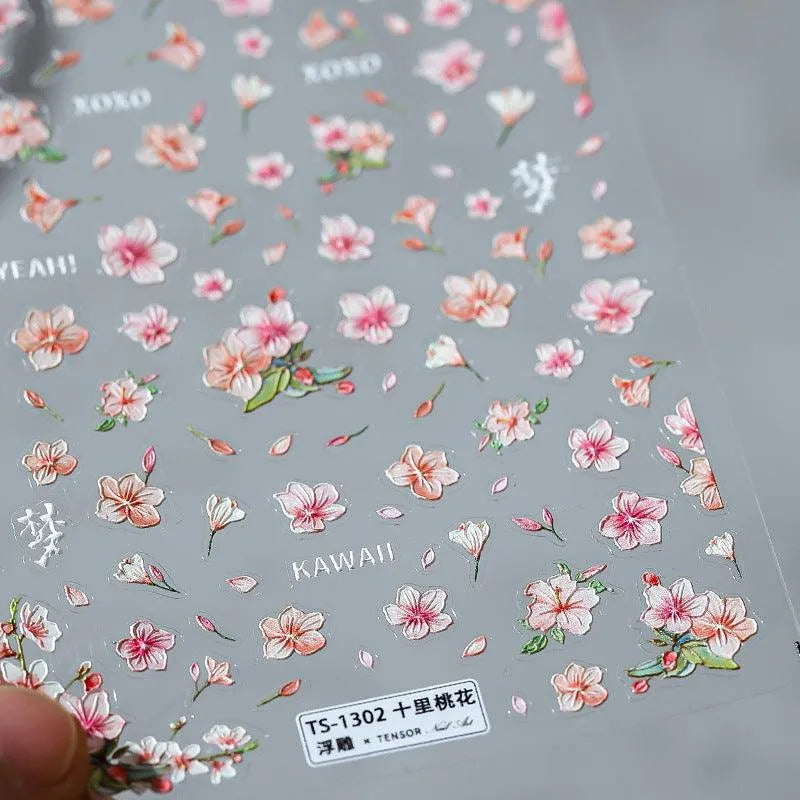 Pink Flower Nail Art Stickers Peach Blossom Adhesive Sticker Decals TS1302 embossed