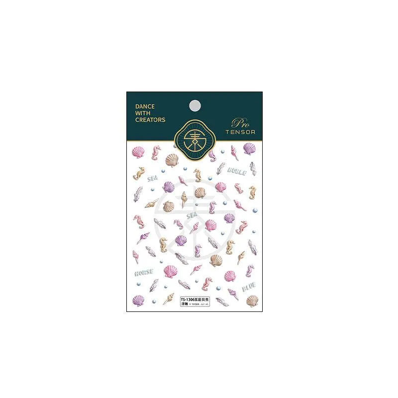 5D Embossed Ocean Nail Stickers Seashell, Starfish & Seahorse Summer Nail Art Decals TS1306 embossed