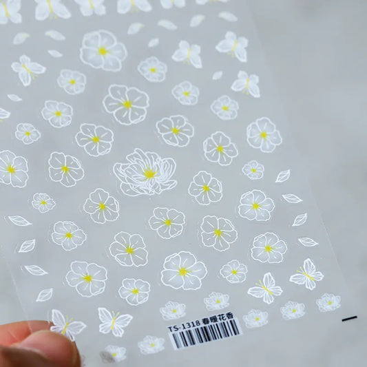 White Nail Art Stickers Adhesive Butterfly Flowers Sticker Decals TS1318