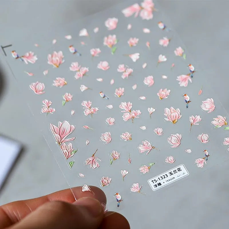 Pink Flower Nail Art Stickers Embossed Magnolia Floral Sticker Decals TS1323 embossed