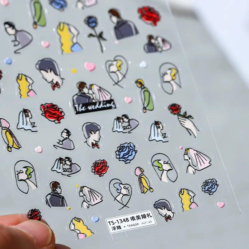3D Nail Art Stickers Wedding Brides Design Adhesive Sticker Decals TS1348 embossed
