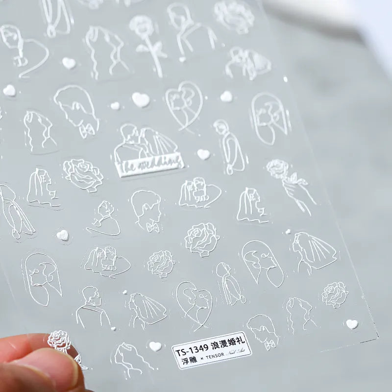 3D Nail Art Stickers Wedding Brides Design Adhesive Sticker Decals TS1349 embossed