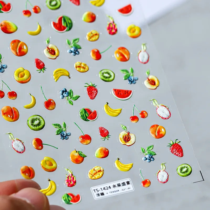 5D Summer Fruits Nail Art Stickers Cherry Blueberry Watermelon Kiwi Adhesive Sticker Decals TS1424 embossed