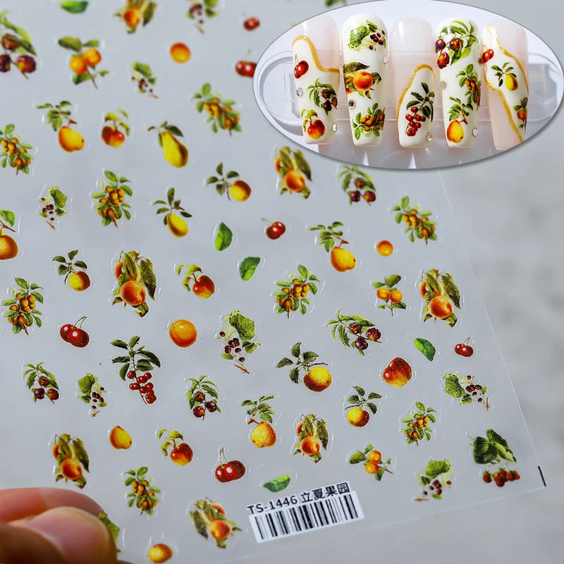 Vintage Fruit Nail Stickers | Artistic Botanical Cherry & Lemon Nail Art Decals TS1446
